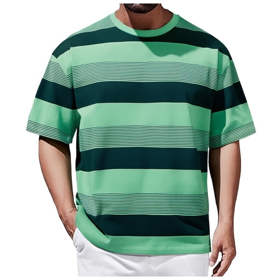 Krdevn Men's Striped Casual Loose and Comfortable Sports Trade Round Neck Short Sleeved T Shirt,5XL