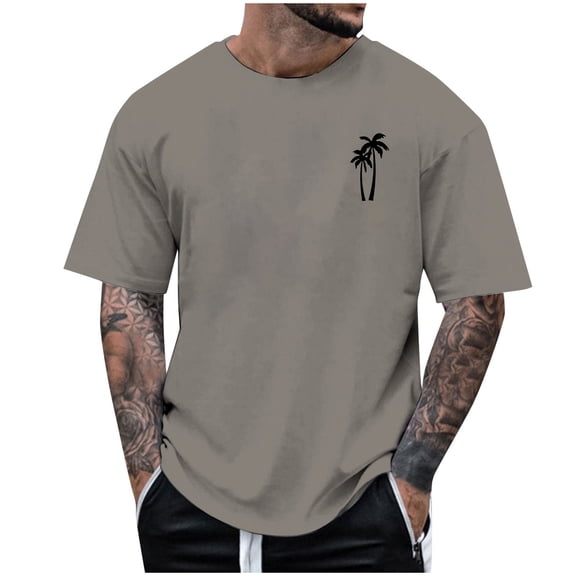 Krdevn Men's Summer Coconut Tree Print Short Sleeved Round Neck T Shirt Trend Down Shirt Top,M