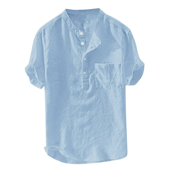 Krdevn Men's Summer Cotton Linen Shirt Short Sleeve Button Down Casual Solid Color Loose Fit Top,Color: Blue Size: 5XL