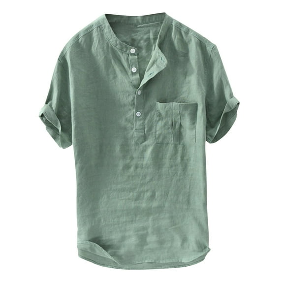 Krdevn Men's Summer Cotton Linen Shirt Short Sleeve Button Down Casual Solid Color Loose Fit Top,Color: Green Size: 5XL