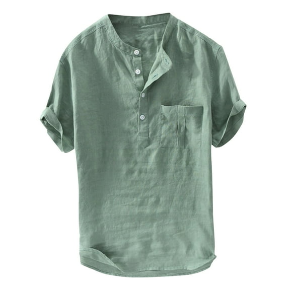 Krdevn Men's Summer Cotton Linen Shirt Short Sleeve Button Down Casual Solid Color Loose Fit Top,Color: Green Size: 5XL