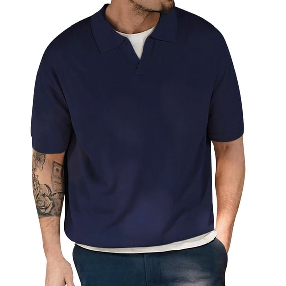 Krdevn Men's Summer Cotton Poster Holiday Beach Lapel Solid Short Sleeve Shirt T Shirt,L