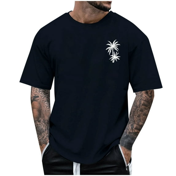 Krdevn Men's Summer Short Sleeve Round Neck T Shirt Coconut Tree Print Trend Down Shirt Top,XXL