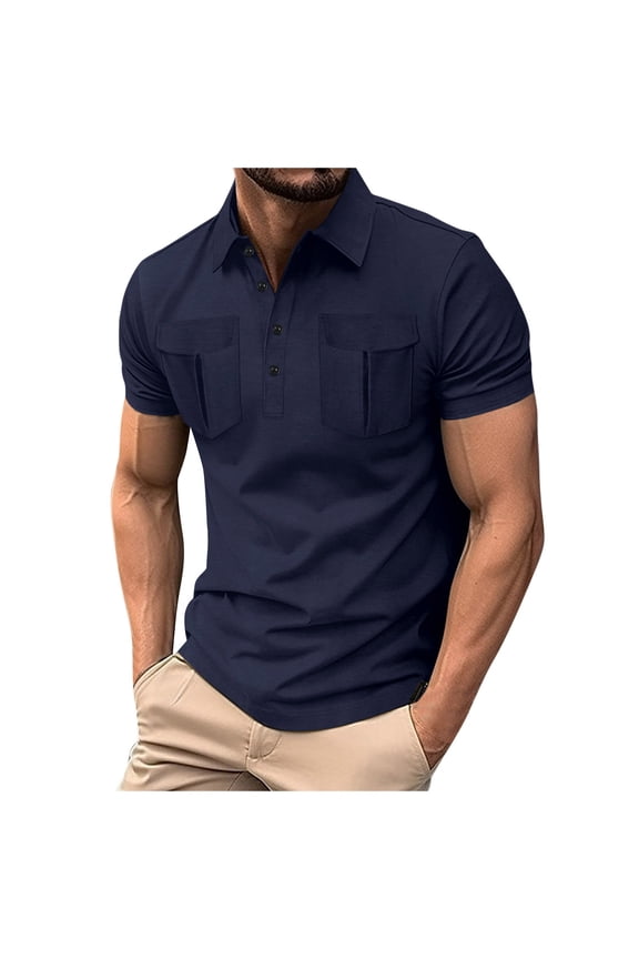Men's Summer Sim Ple Button Lapel Double Pocket Solid Color Short Sleeve Casual Polo Shirt Tops,3XL