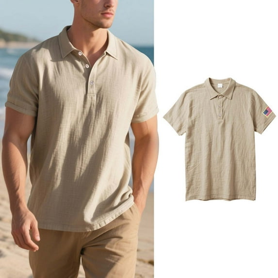 Krdevn Men's Summer Trend Linen Short Sleeve Shirt Embroidered Flag Shirt,L