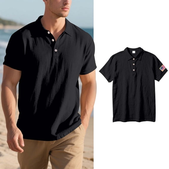 Krdevn Men's Summer Trend Linen Short Sleeve Shirt Embroidered Flag Shirt,L