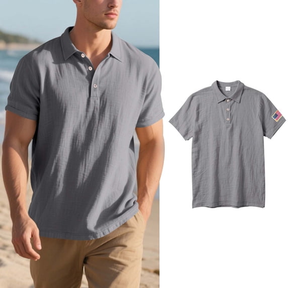 Krdevn Men's Summer Trend Linen Short Sleeve Shirt Embroidered Flag Shirt,S