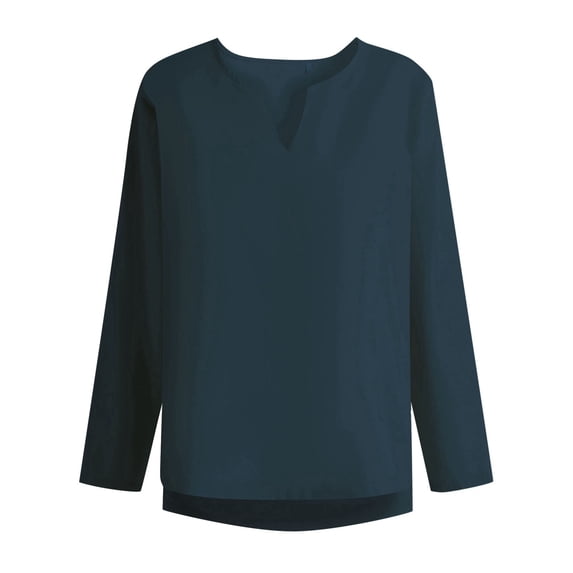 Krdevn Men's T Shirt Cotton Linen Solid Color Loose Clothes V Neck Long Sleeved Shirt,L