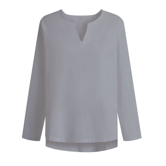 Krdevn Men's T Shirt Cotton Linen Solid Color Loose Clothes V Neck Long Sleeved Shirt,XXL