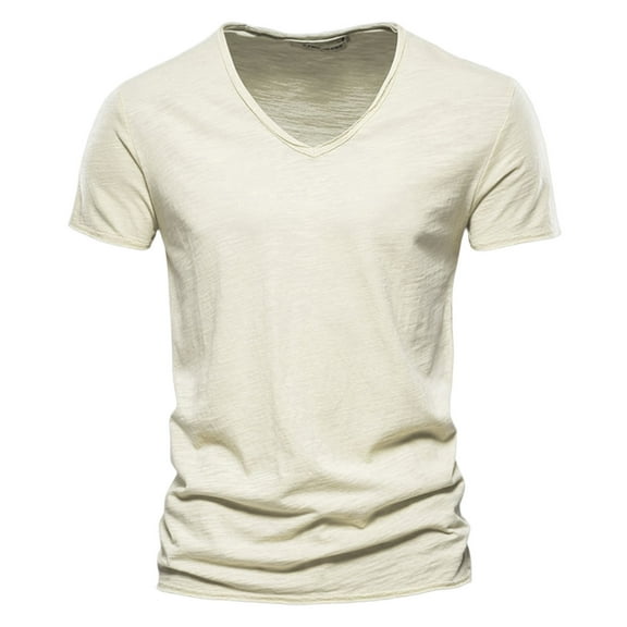 Krdevn Men's V-Neck T-Shirts Loose Fit Bamboo Cotton Casual Tees Breathable Summer Shirts Comfortable Stretch Daily Wear,Color: Beige Size: 3XL