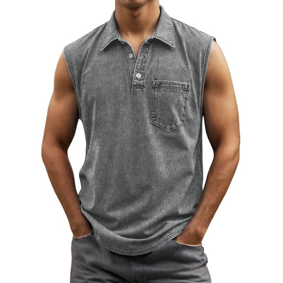 Krdevn Men's Vintage Button Collar Sleeveless Tank Top with Pocket Muscle Fit Breathable for Summer Beach Gym Workout Running Casual Vacation Daily Wear,Tank Tops Men,4XL