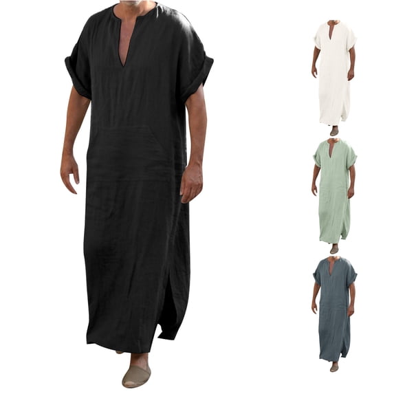 Krdevn Mens Linen V Notch Neck Short Sleeve Kaftan Robe with Side Split Front Pocket Loose Fit Casual Thobe Home Loungewear Summer Long Dress,3XL