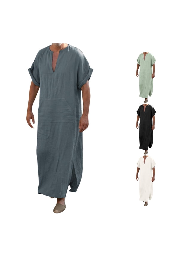 Mens Linen V Notch Neck Short Sleeve Kaftan Robe with Side Split Front Pocket Loose Fit Casual Thobe Home Loungewear Summer Long Dress,S