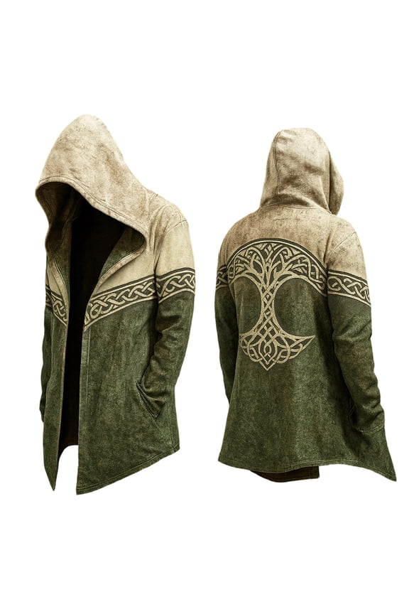 Mens Norse Mythology Mid Length Hooded Cardigan for Stylish Motorcycle Jacket Coat with Design,XL