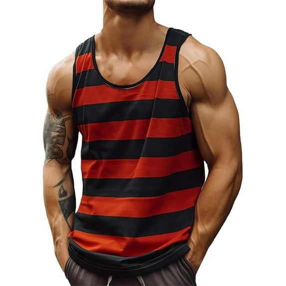 Krdevn Mens Red Black Striped Tank Tops Summer Sleeveless Shirts for Workout and Gym,Tank Tops Men,XL