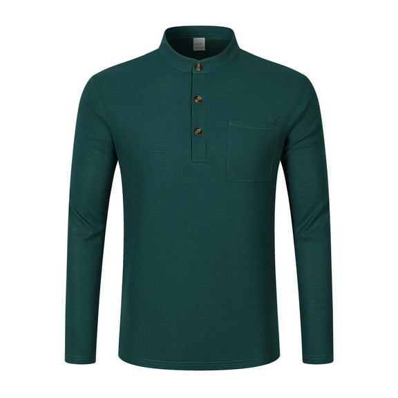 Krdevn Mens Shirts - Autumn Men's Solid Color Standing Collar Pocket Long Placket Button Long Sleeve Top,Mens Fall Shirts,Color:Dark Green,Size:L