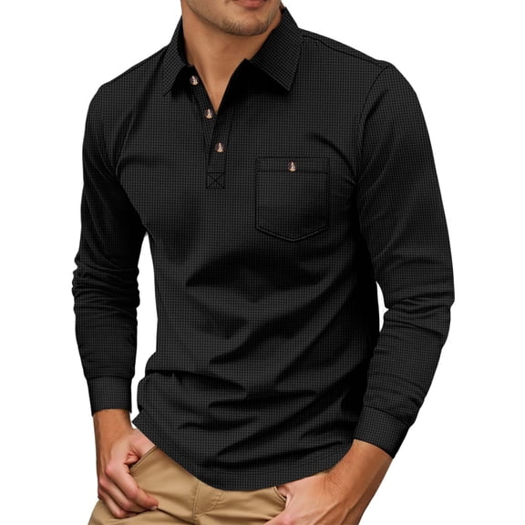 Krdevn Mens Shirts - Autumn Solid Color Plaid Lapel Pocket Button Casual Long Shirt,Mens Fall Shirts,Color:Black,Size:S