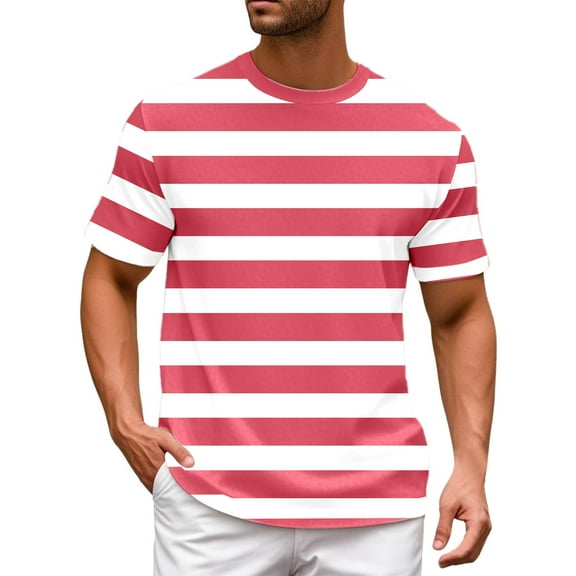 Krdevn Mens Shirts - Color Blocked Striped Striped Men Casual Loose Comfortable Summer Beach Round Neck Short Sleeved T Shirt,Mens Fall Shirts,Color:Red,Size:XS