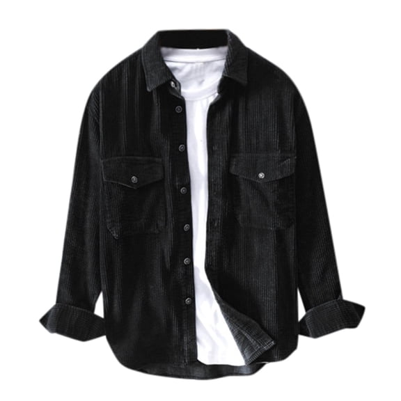 Krdevn Mens Shirts - Long Collar Turndown Top Sleeve Corduroy Shirts Winter Casual Blouse Men‘s Men Shirts,Mens Fall Shirts,Color:Black,Size:XL