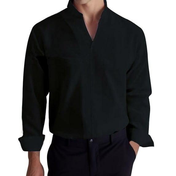 Krdevn Mens Shirts - Male Casual Business Solid V Neck T Shirt Blouse Long Sleeve Stand Collar Tops T Shirt,Mens Fall Shirts,Color:Black,Size:XXL