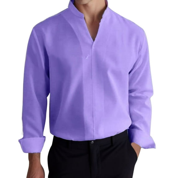 Krdevn Mens Shirts - Male Casual Business Solid V Neck T Shirt Blouse Long Sleeve Stand Collar Tops T Shirt,Mens Fall Shirts,Color:Purple,Size:3XL