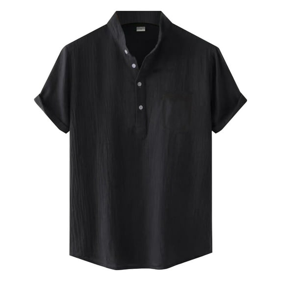 Krdevn Mens Shirts - Male Casual Solid Shirt Short Sleeve Stand Collar Shirt Blouse Tops,Mens Fall Shirts,Color:Black,Size:S