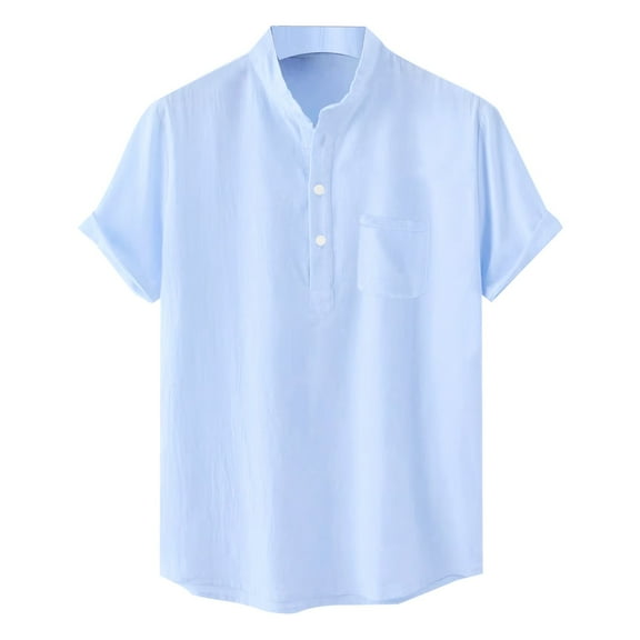 Krdevn Mens Shirts - Male Casual Solid Shirt Short Sleeve Stand Collar Shirt Blouse Tops,Mens Fall Shirts,Color:Blue,Size:S