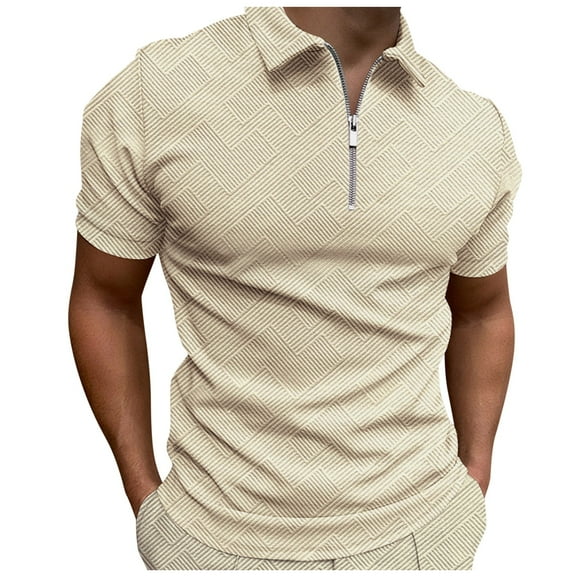 Krdevn Mens Shirts - Male Spring and Summer Cotton Jacquard Short Sleeve Top Solid Color Geometric Print Lapel Zipper Top,Mens Fall Shirts,Color:Beige,Size:M