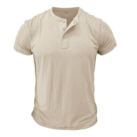 Krdevn Mens Shirts - Male Spring Summer Short Sleeve Button Pocket Solid Color Sports T Shirt,Mens Fall Shirts,Color:Beige,Size:XXL