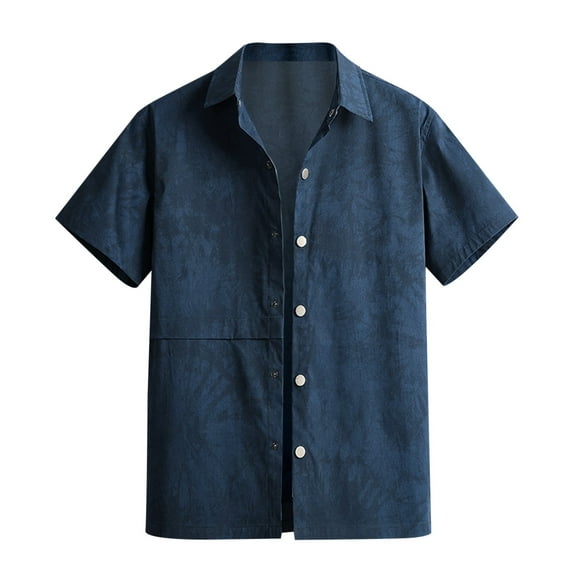 Krdevn Mens Shirts - Male Spring and Summer Single Shirts Casual Print Lapel Beach Short Sleeve Vacation Outdoor Vacation Shirt,Mens Fall Shirts,Color:Dark Blue,Size:4XL