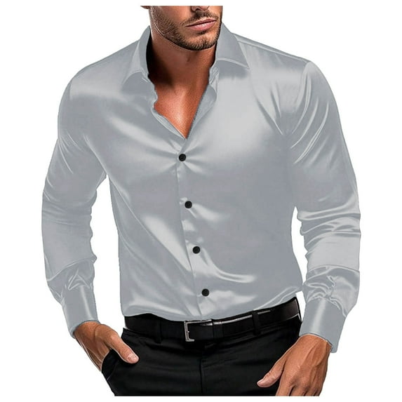 Krdevn Mens Shirts - Male Stretch Dress Shirts Formal Wedding Prom Long Sleeve Slim Fit Button Down Shirt,Mens Fall Shirts,Color:Grey,Size:L