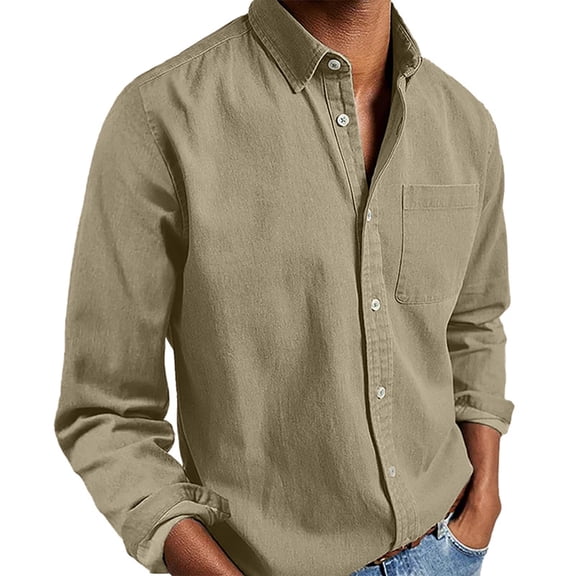 Krdevn Mens Shirts - Men Casual Top Shirt Comfortable Solid Color Button Shirt Long Sleeve Tops,Mens Fall Shirts,Color:Khaki,Size:S