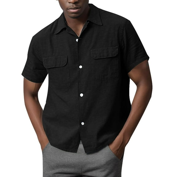 Krdevn Mens Shirts - Men Casual Top Shirt Solid Color Pocket Single Shirt Cotton and Shirt Short Sleeve Top,Mens Fall Shirts,Color:Black,Size:XXL