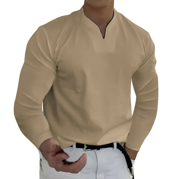 Krdevn Mens Shirts - Men Spring Spring &Winter Casual V Neck Solid Long Sleeve Tee Shirt Top Blouse,Mens Fall Shirts,Color:Khaki,Size:XXL