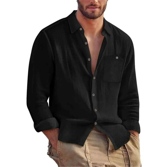 Krdevn Mens Shirts - Men's Autumn Lapel Cardigan Linen Loose Casual Long Sleeved Shirt,Mens Fall Shirts,Color:Black,Size:S