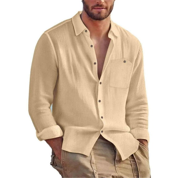 Krdevn Mens Shirts - Men's Autumn Lapel Cardigan Linen Loose Casual Long Sleeved Shirt,Mens Fall Shirts,Color:Khaki,Size:M