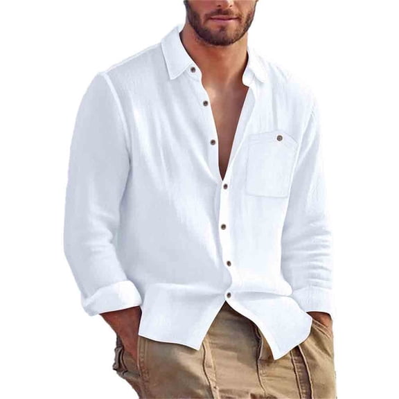 Krdevn Mens Shirts - Men's Autumn Lapel Cardigan Linen Loose Casual Long Sleeved Shirt,Mens Fall Shirts,Color:White,Size:S