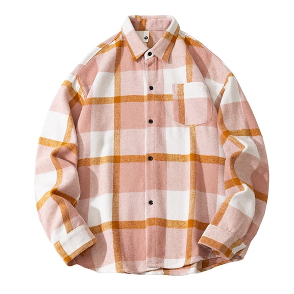 Krdevn Mens Shirts - Men's Casual Flannel Long Sleeve Shirt Stylish Loose Fit Plaid Shirt for Men for Daily Wear and Outdoor Activities,Mens Fall Shirts,Color:Pink,Size:M