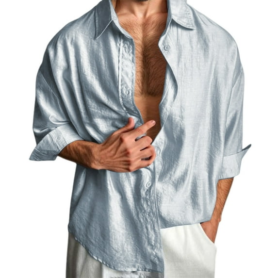Krdevn Mens Shirts - Men's Casual Solid Color Shirt Lightweight Breathable Loose Fit Open Front Button Down Shirt for Daily Wear Comfortable Soft Fabric,Mens Fall Shirts,Color:BU1,Size:3XL