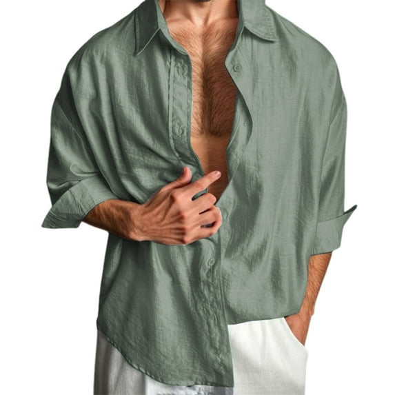 Krdevn Mens Shirts - Men's Casual Solid Color Shirt Lightweight Breathable Loose Fit Open Front Button Down Shirt for Daily Wear Comfortable Soft Fabric,Mens Fall Shirts,Color:Green,Size:XXL