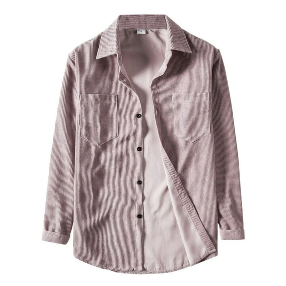 Krdevn Mens Shirts - Men's Casual Solid Corduroy Shirt Long Sleeve Pocket Turn-Down Collar Top,Mens Fall Shirts,Color:Pink,Size:L