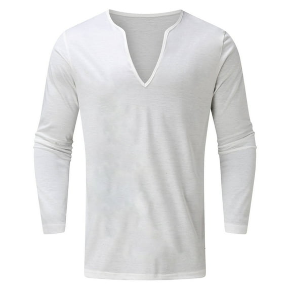 Krdevn Mens Shirts - Men's Casual V Neck Long Sleeve T Shirt Slim Fit Basic Solid Color Top Comfortable Breathable Soft Shirt for Daily Wear,Mens Fall Shirts,Color:White,Size:S