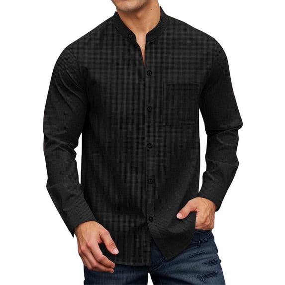 Krdevn Mens Shirts - Men's Knit Button Down Shirt Long Sleeve Casual Comfortable Loose Fit Stand Collar Top for Autumn Winter Daily Wear,Mens Fall Shirts,Color:Black,Size:XXL