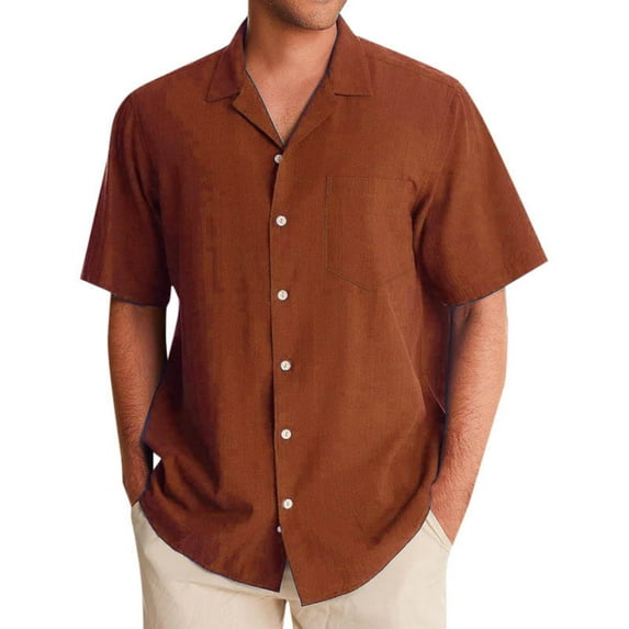 Krdevn Mens Shirts - Men's Linen Shirt Hawaii Channeling Hugh Lapel Shirt Casual Sports Beach Short Sleeved Shirt,Mens Fall Shirts,Color:Brown,Size:S