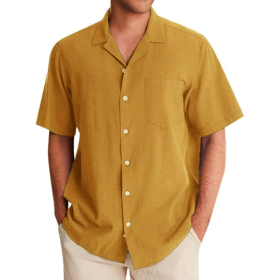 Krdevn Mens Shirts - Men's Linen Shirt Hawaii Channeling Hugh Lapel Shirt Casual Sports Beach Short Sleeved Shirt,Mens Fall Shirts,Color:Gold,Size:3XL