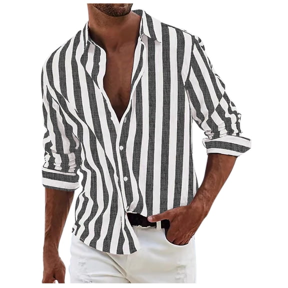 Krdevn Mens Shirts - Men's Long Sleeve Lapel Shirt Casual Striped Holiday Cardigan Shirts Tops,Mens Fall Shirts,Color:Black,Size:M