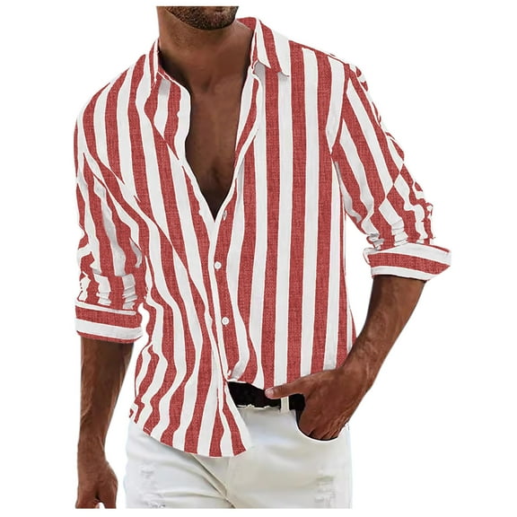 Krdevn Mens Shirts - Men's Long Sleeve Lapel Shirt Casual Striped Holiday Cardigan Shirts Tops,Mens Fall Shirts,Color:Red,Size:L
