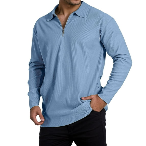Krdevn Mens Shirts - Men's Long Sleeve Striped Shirt with Zippered Collar for Casual Everyday Wear,Mens Fall Shirts,Color:Blue,Size:S