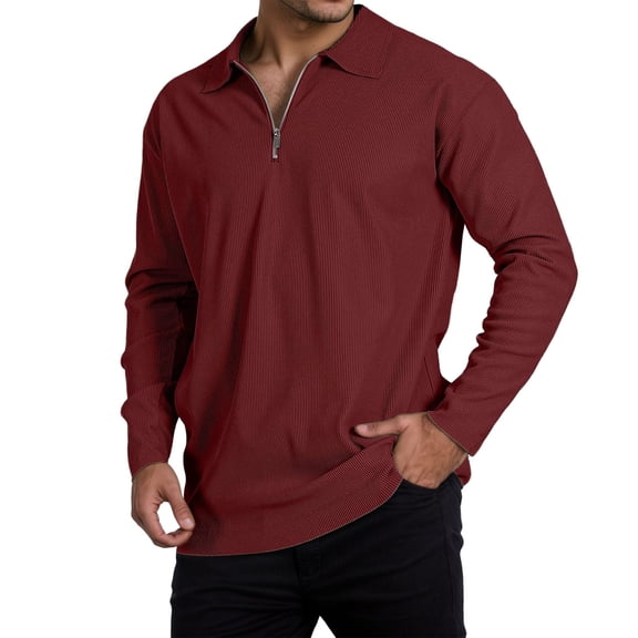 Krdevn Mens Shirts - Men's Long Sleeve Striped Shirt with Zippered Collar for Casual Everyday Wear,Mens Fall Shirts,Color:Red,Size:3XL