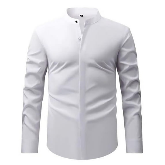 Krdevn Mens Shirts - Men's Retro Stand Collar Long Sleeve Stretch Shirt Comfortable Business Casual Formal Wear Stylish Top,Mens Fall Shirts,Color:White,Size:L